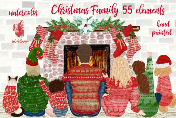 Christmas Family Fireplace Illustrations